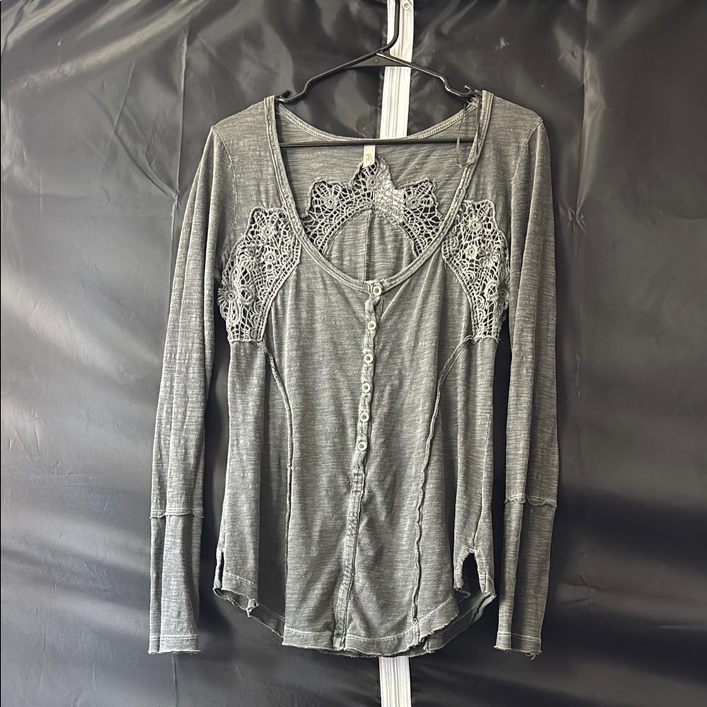 Free People Gray Long Sleeve Embellished Blouse